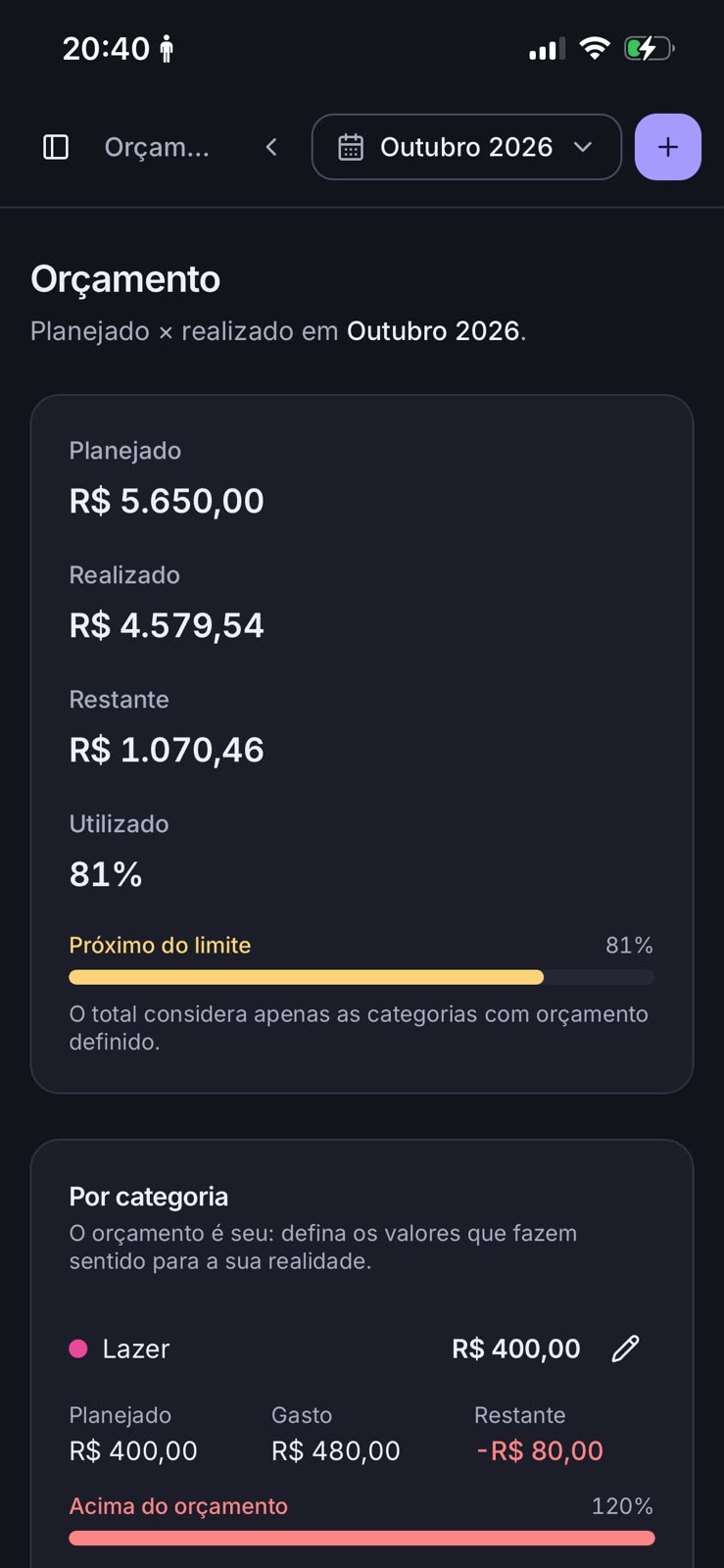 Screenshot real da tela de Orçamento do Norte Financeiro.